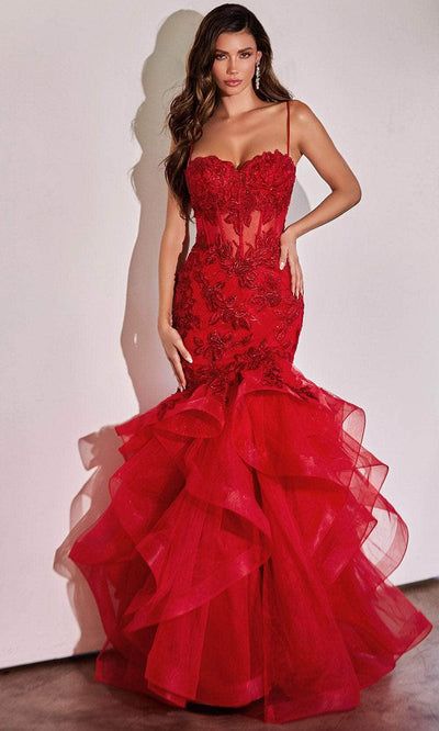 Ladivine CC8915 - Embroidered Sleeveless Mermaid Prom Gown Prom Dresses 2 / Red