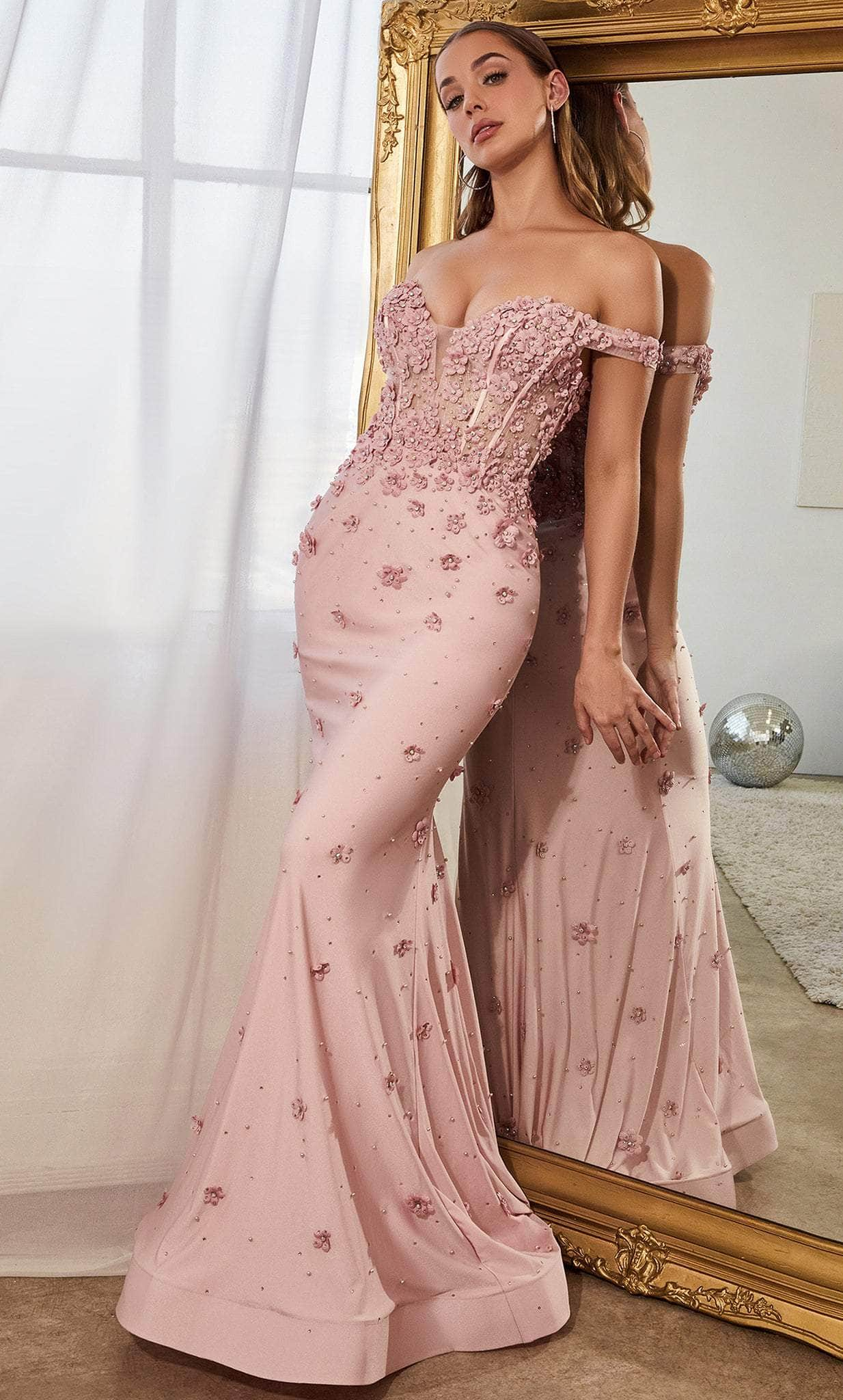 Cinderella Divine CC8952 - Plunging Sweetheart Appliqued Prom Gown Prom Dresses 2 / Dusty Rose