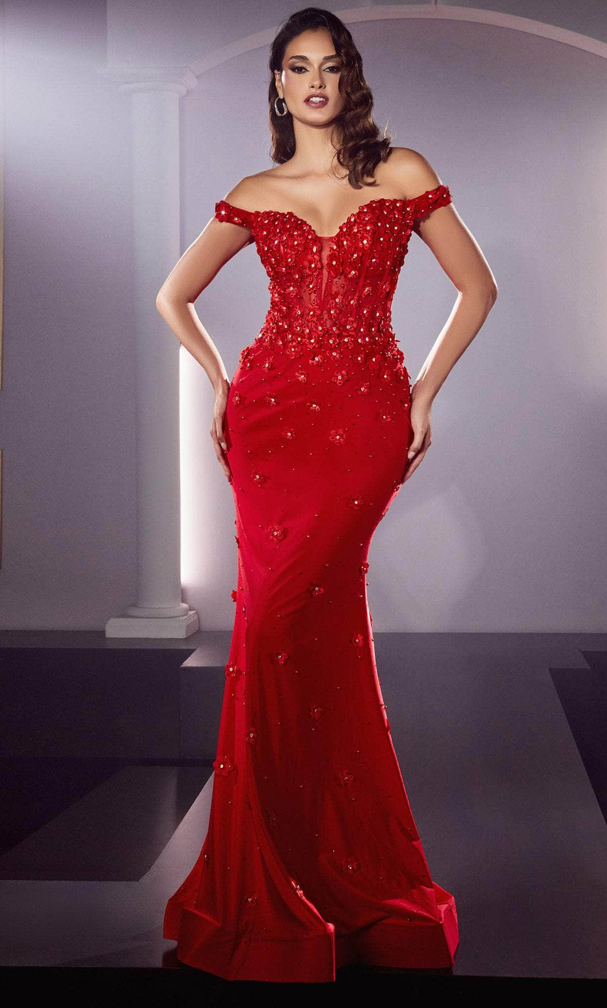 Cinderella Divine CC8952 - Plunging Sweetheart Appliqued Prom Gown Prom Dresses 2 / Red