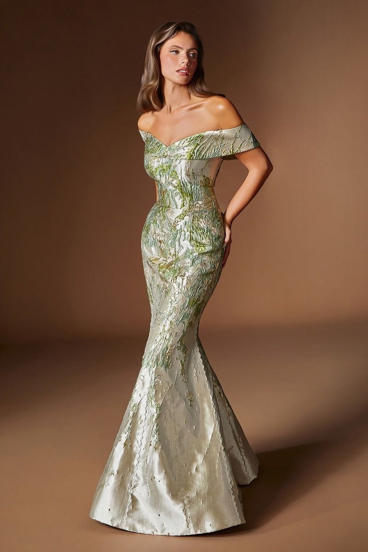 Ladivine CD0107 - Textured Off Shoulder Evening Dress