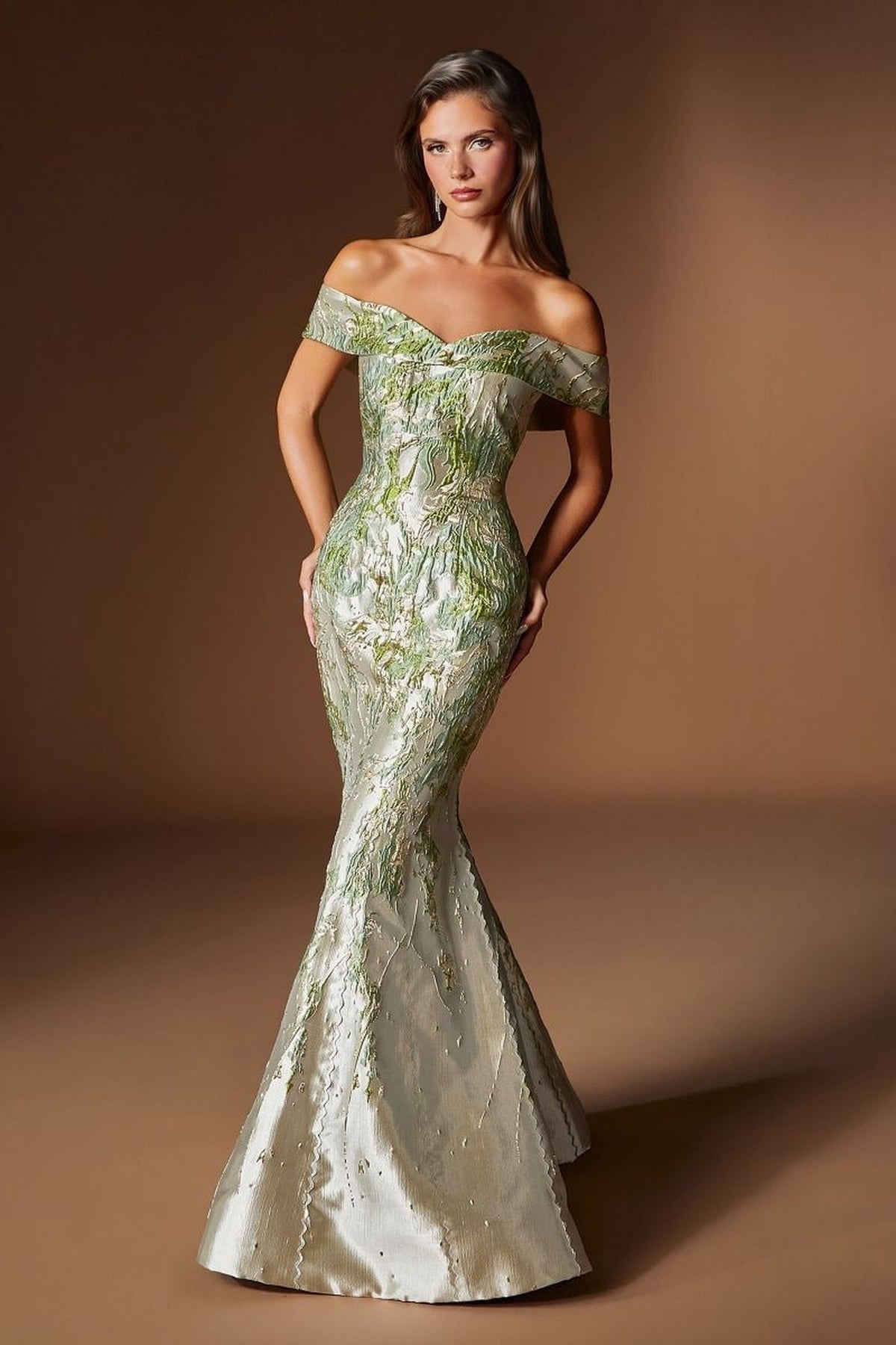 Ladivine CD0107 - Textured Off Shoulder Evening Dress