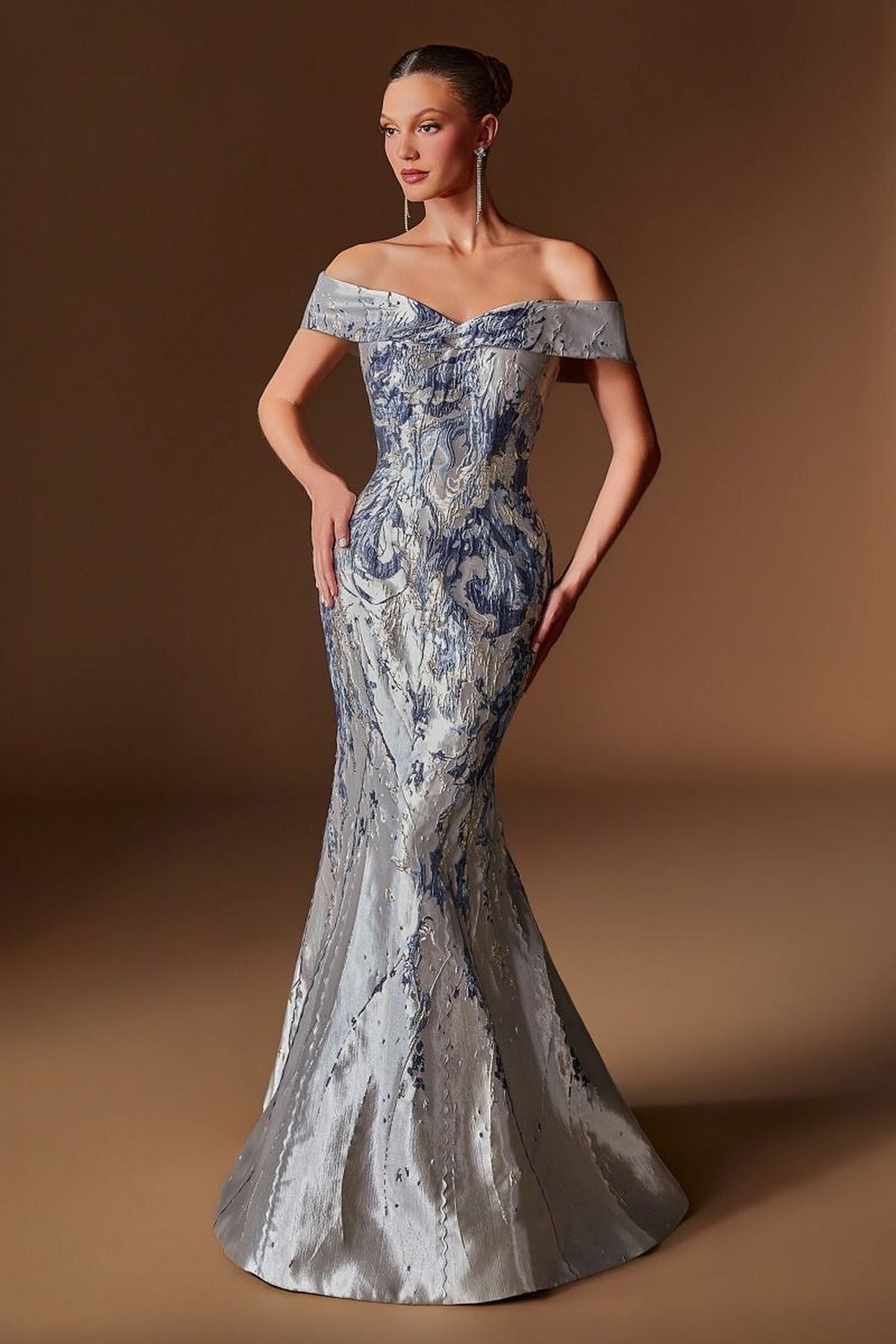 Ladivine CD0107 - Textured Off Shoulder Evening Dress