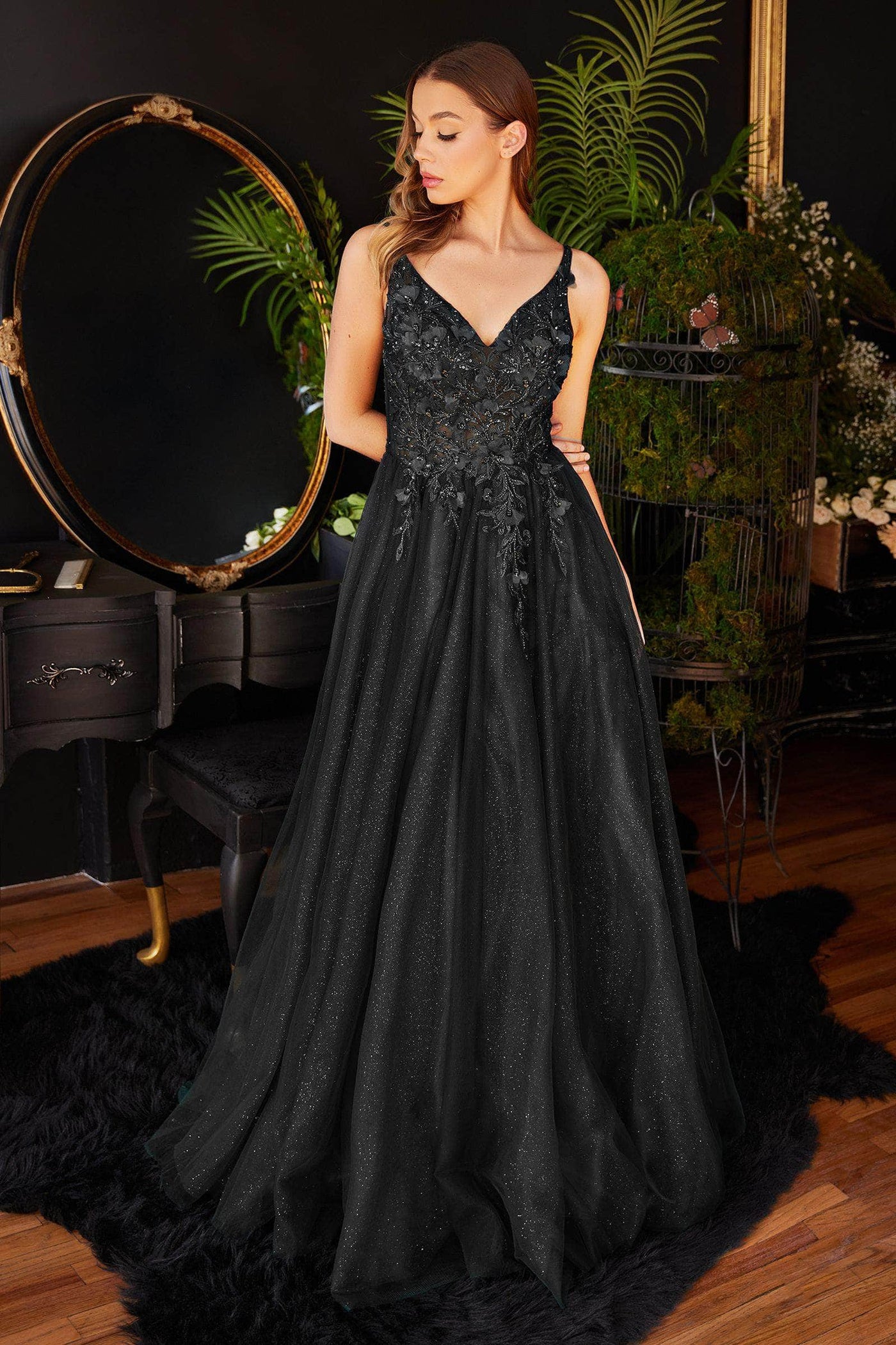 Ladivine CD0181 - Floral Applique Prom Dress Prom Dresses XS / Black