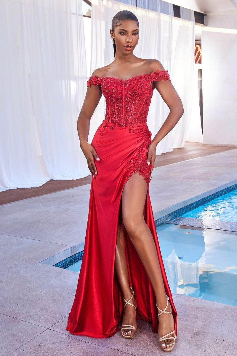 Ladivine CD0186 - Floral Off The Shoulder Prom Dress Prom Dresses XS / Red