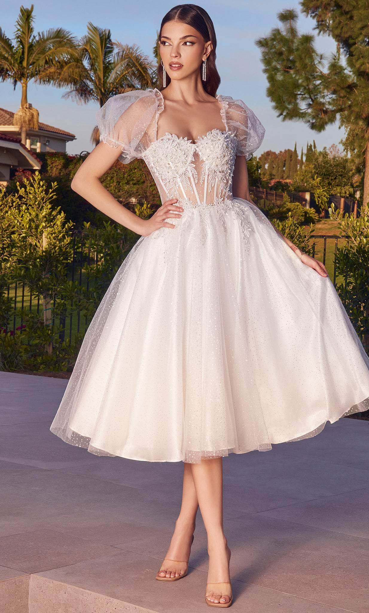 Cinderella Divine CD0187W - Puff Sleeve Glittered Midi A-line Dress Special Occasion Dress XS / Off White