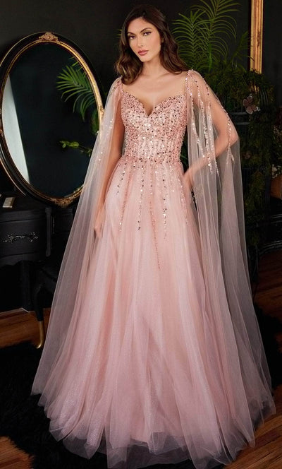 Cinderella Divine CD0204 - Embellished Cape Sleeve Prom Dress Prom Dresses XS / Blush