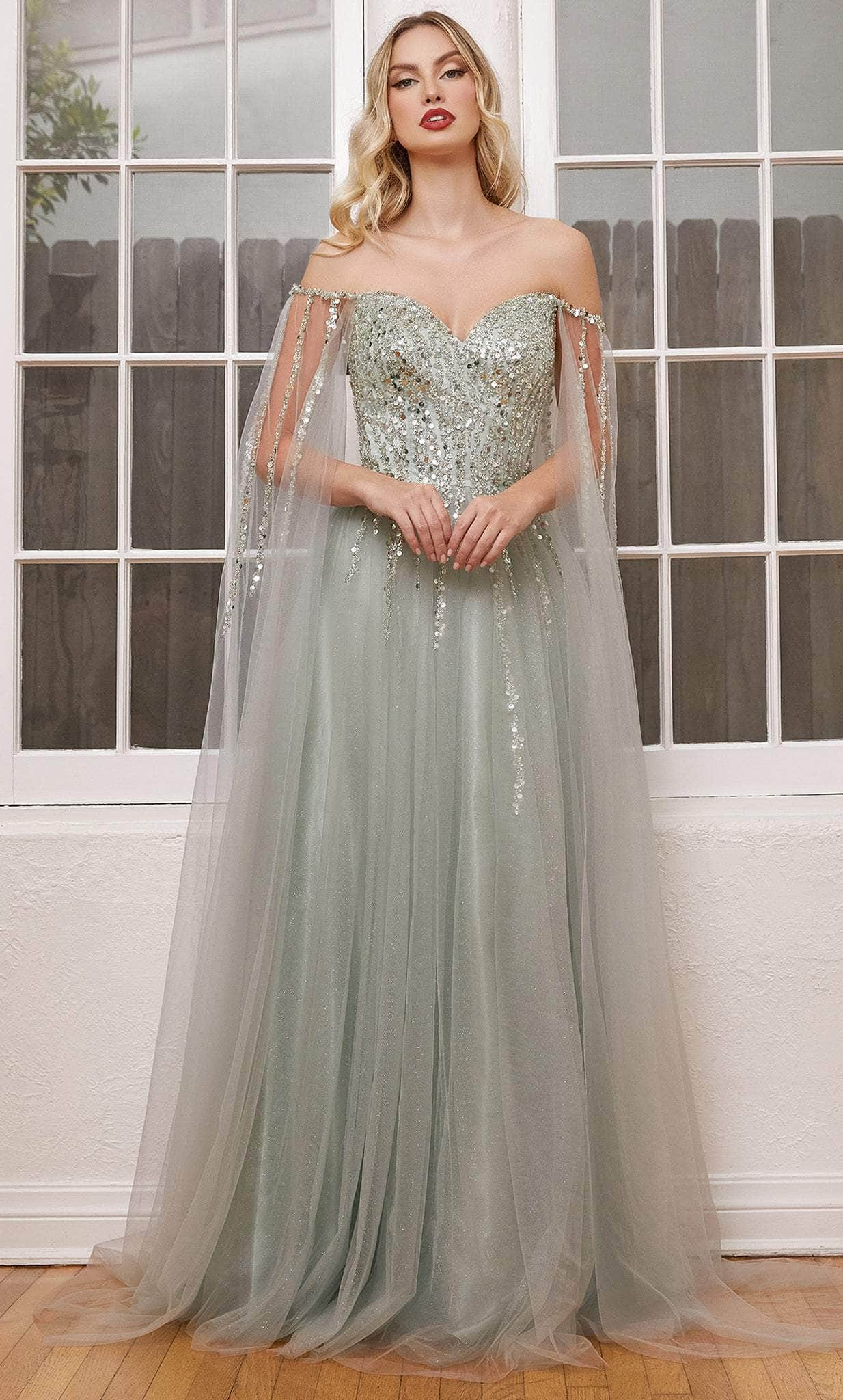 Cinderella Divine CD0204 - Embellished Cape Sleeve Prom Dress Prom Dresses XS / Sage