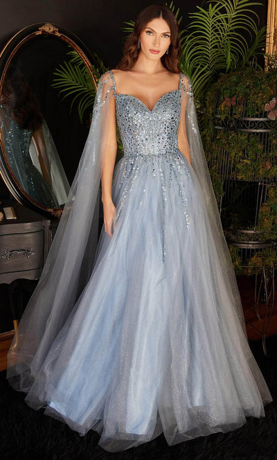 Cinderella Divine CD0204 - Embellished Cape Sleeve Prom Dress Prom Dresses XS / Smoky Blue