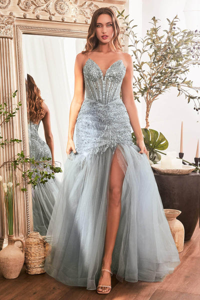 Cinderella Divine CD0214 - Off Shoulder Stone Embellished Gown Prom Dresses