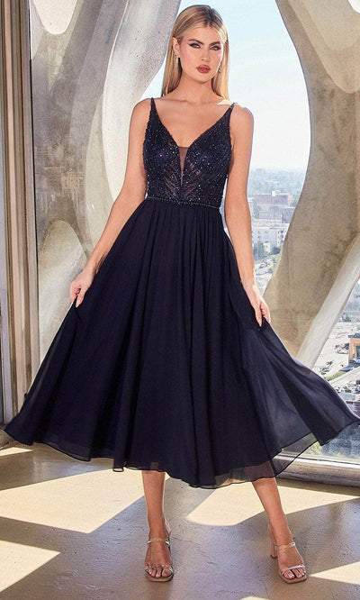 Cinderella Divine CD0225 - Fitted Tea-Length Evening Dress Cocktail Dresses 2 / Navy