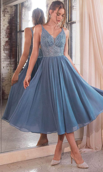 Cinderella Divine CD0225 - Fitted Tea-Length Evening Dress Cocktail Dresses 2 / Smoky Blue