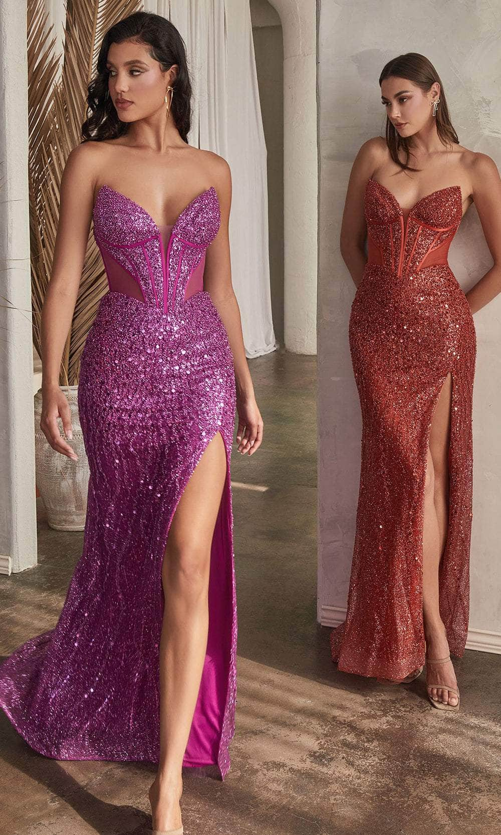 Cinderella Divine CD0227 - Sequined Plunging V-Neck Prom Gown Prom Dresses