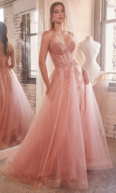 Cinderella Divine CD0230 - Beaded Appliqued A-Line Prom Gown Prom Dresses 2 / Rose Gold