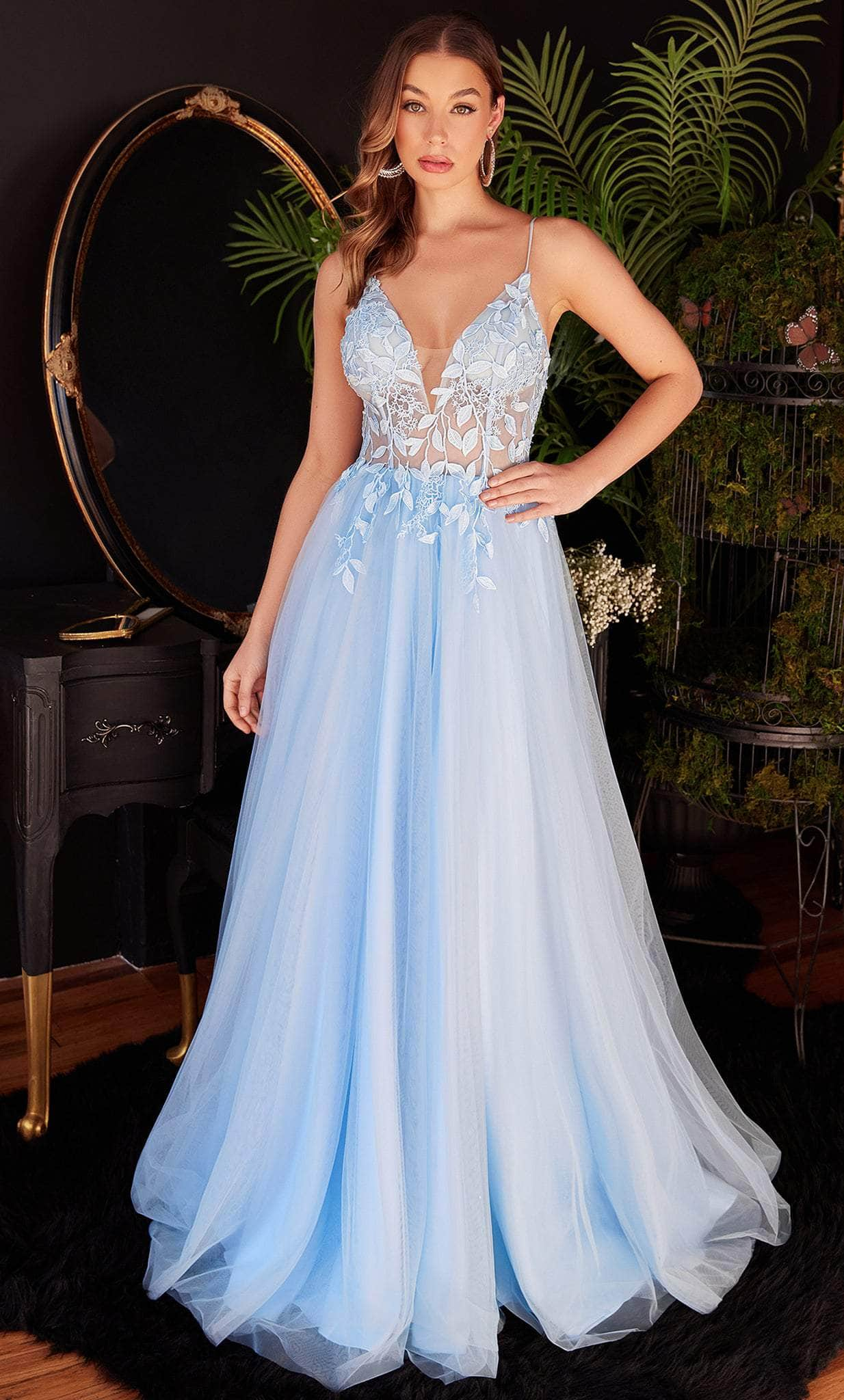 Cinderella Divine CD2214 - Plunging V-Neck Appliqued Prom Gown Prom Dresses 2 / Blue