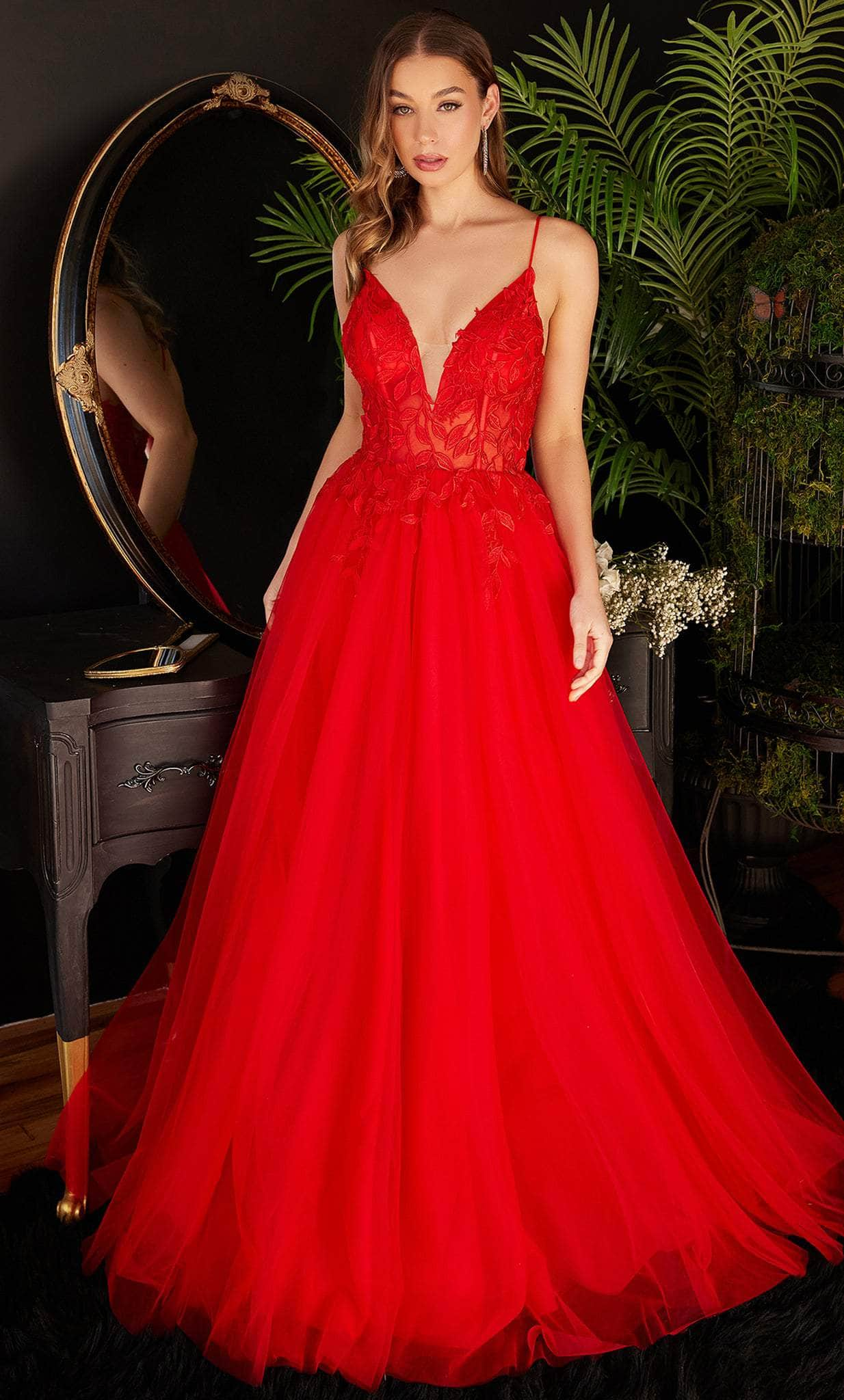 Cinderella Divine CD2214 - Plunging V-Neck Appliqued Prom Gown Prom Dresses 2 / Red