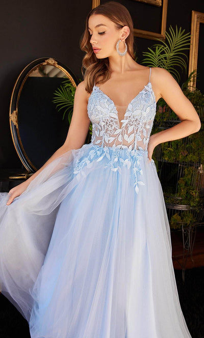 Cinderella Divine CD2214 - Plunging V-Neck Appliqued Prom Gown Prom Dresses