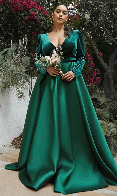 Cinderella Divine CD226 - Puffed Sleeve Pleated Evening Gown Ball Gowns 2 / Emerald