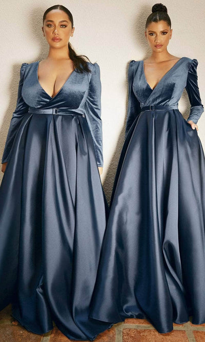 Cinderella Divine CD226 - Puffed Sleeve Pleated Evening Gown Ball Gowns 2 / Smoky Blue