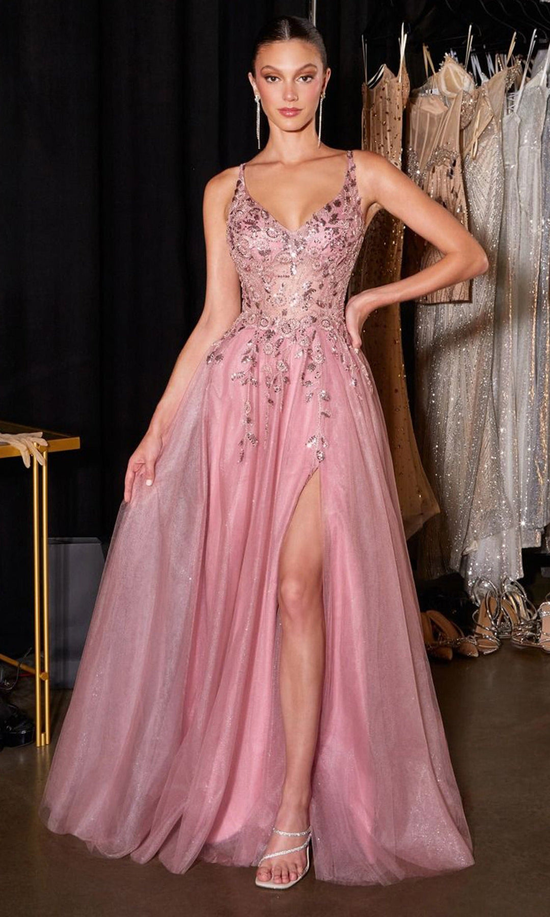 Ladivine CD2412 - Lace-Up Back Beaded Applique Formal Dress