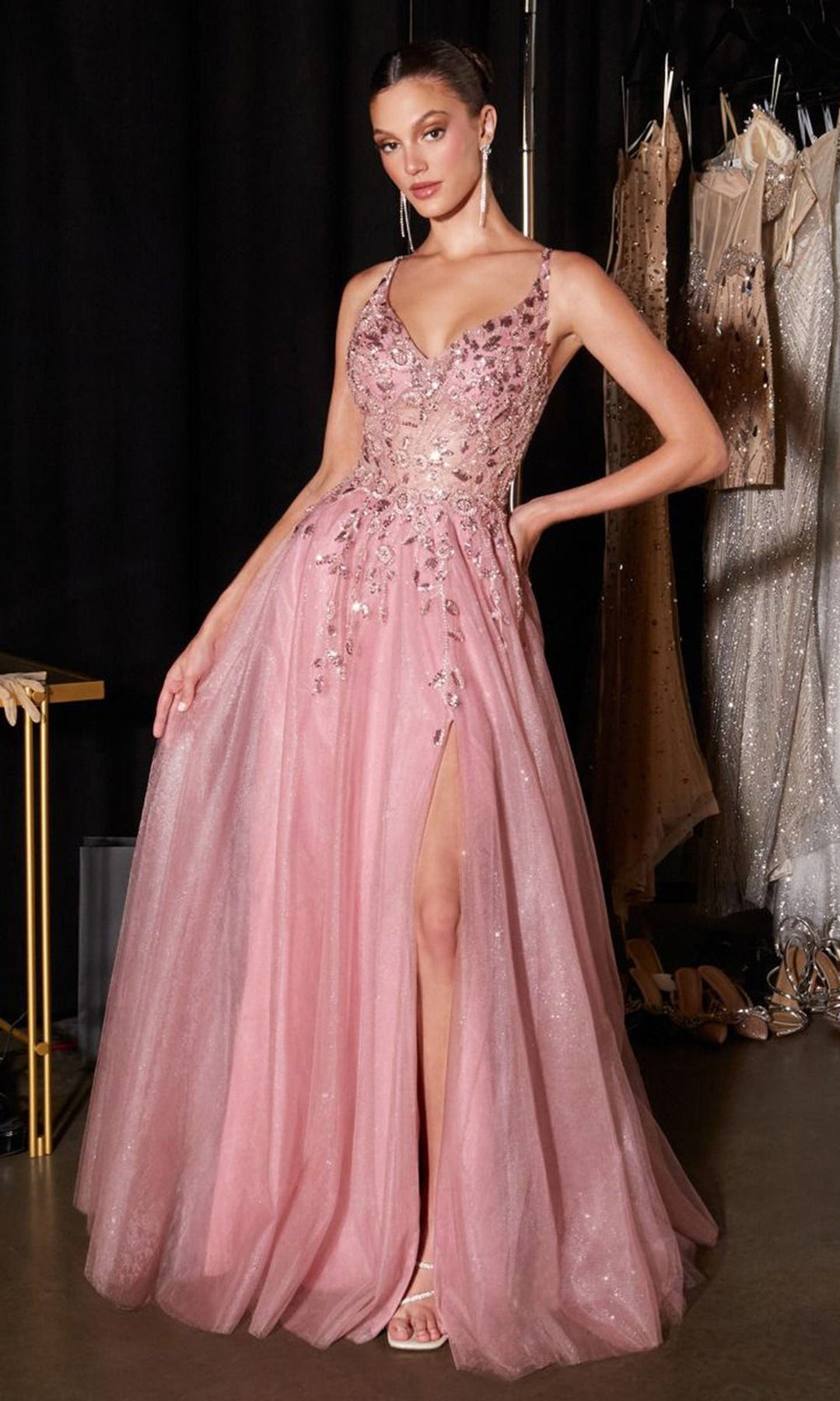 Ladivine CD2412 - Lace-Up Back Beaded Applique Formal Dress