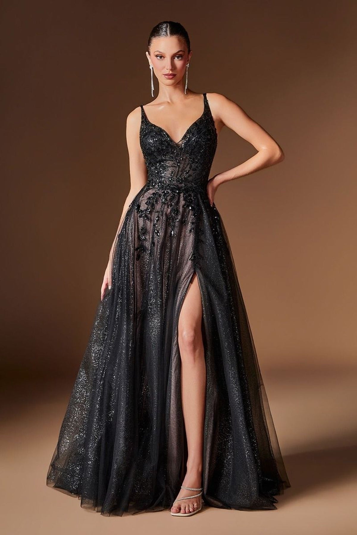 Ladivine CD2412 - Lace-Up Back Beaded Applique Formal Dress