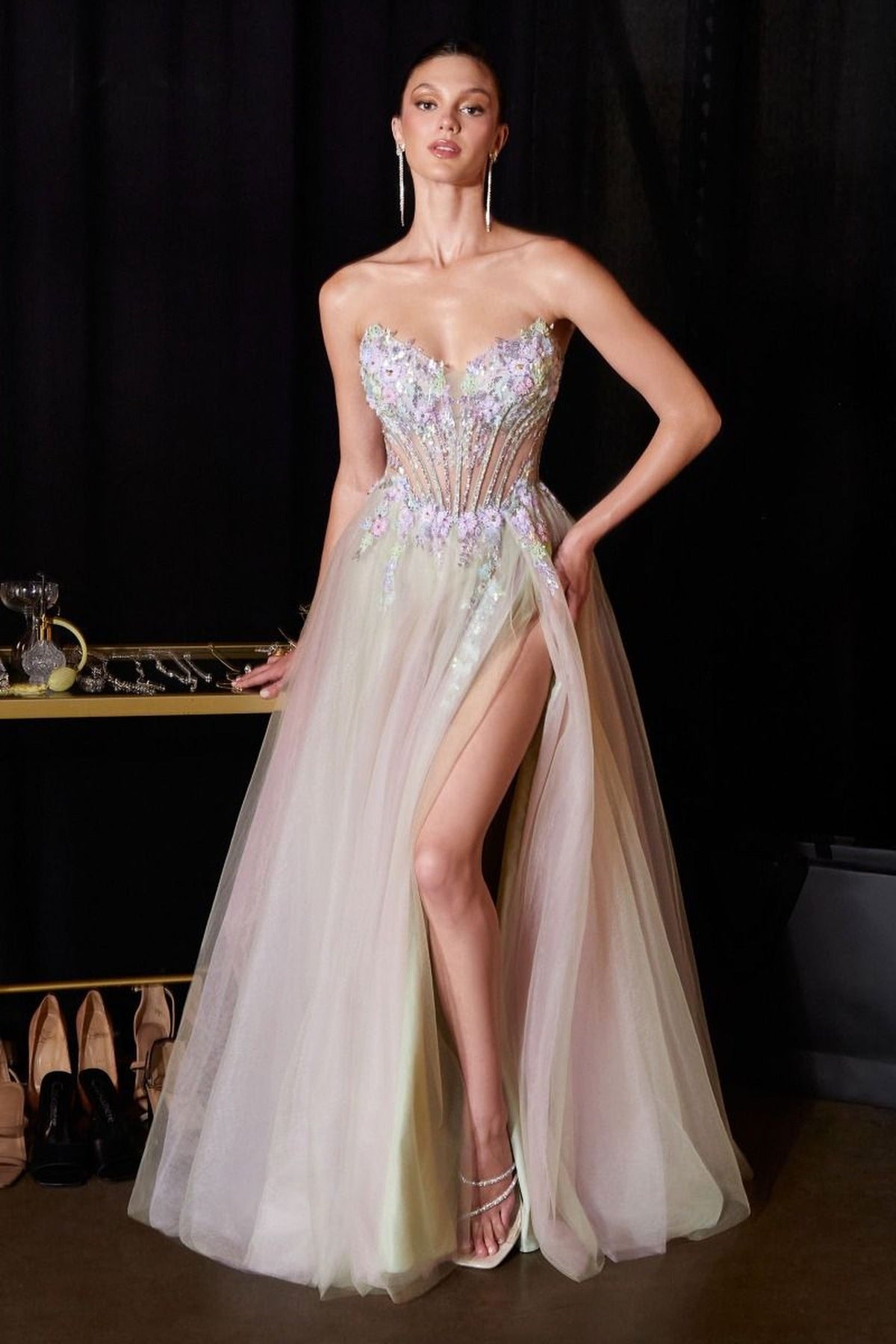 Ladivine CD2418 - Plunging V-Neck Floral Beaded Evening Dress