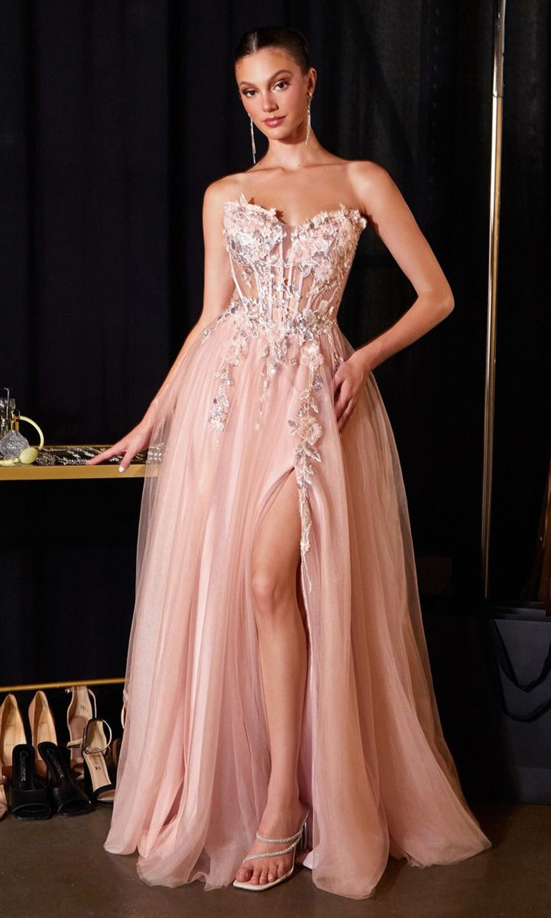 Ladivine CD2426 - Applique Sweetheart High Slit Prom Gown
