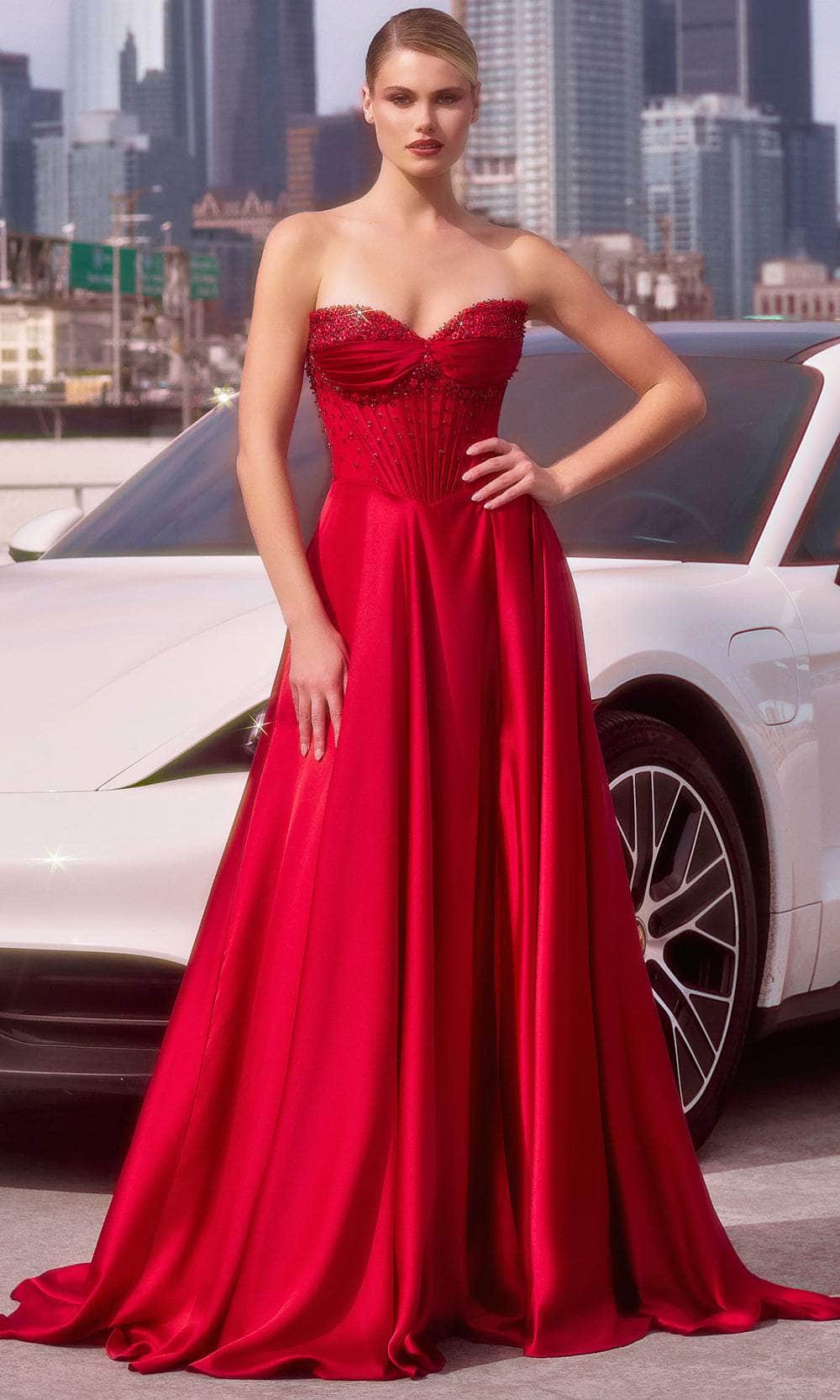 Ladivine CD297 - Pleated Sweetheart Evening Dress Evening Dresses 0 / Red