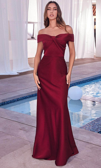 Cinderella Divine CD325 - Off Shoulder Knotted Prom Gown Prom Dresses 2 / Burgundy