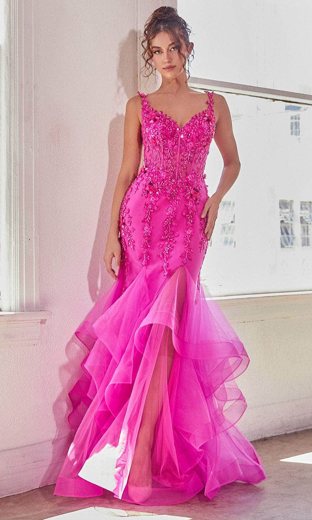 Cinderella Divine CD331 - 3D Floral Embellishments Sleeveless Prom Gown Prom Dresses 2 / Fuchsia