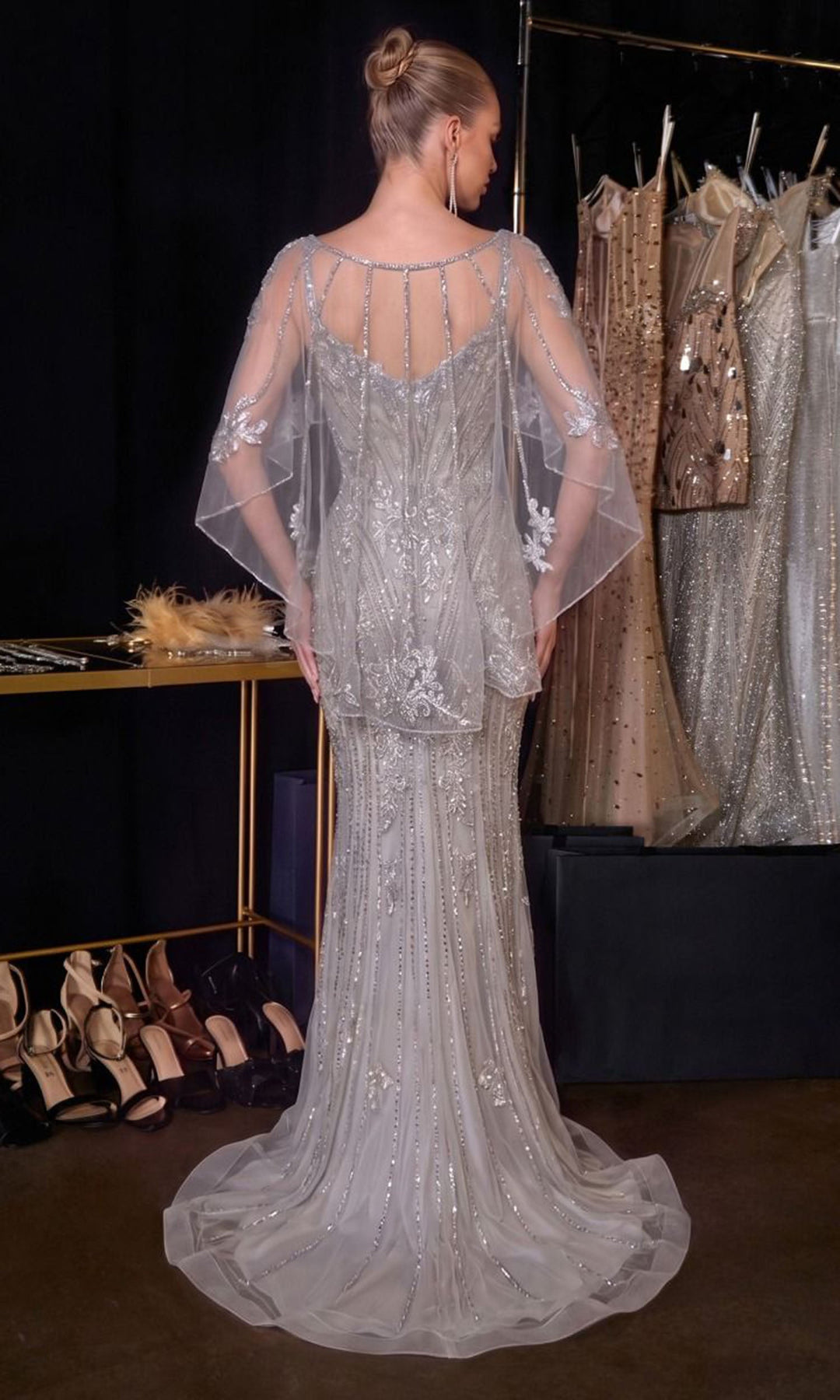Ladivine CD637 Metallic Applique Cape Dress
