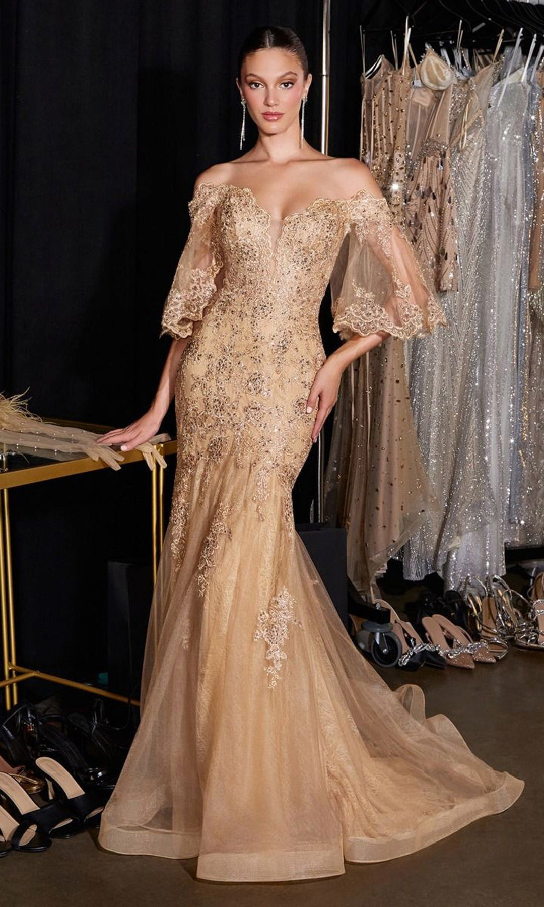 Ladivine CD659 - Beaded Lace Off Shoulder Mermaid Prom Gown