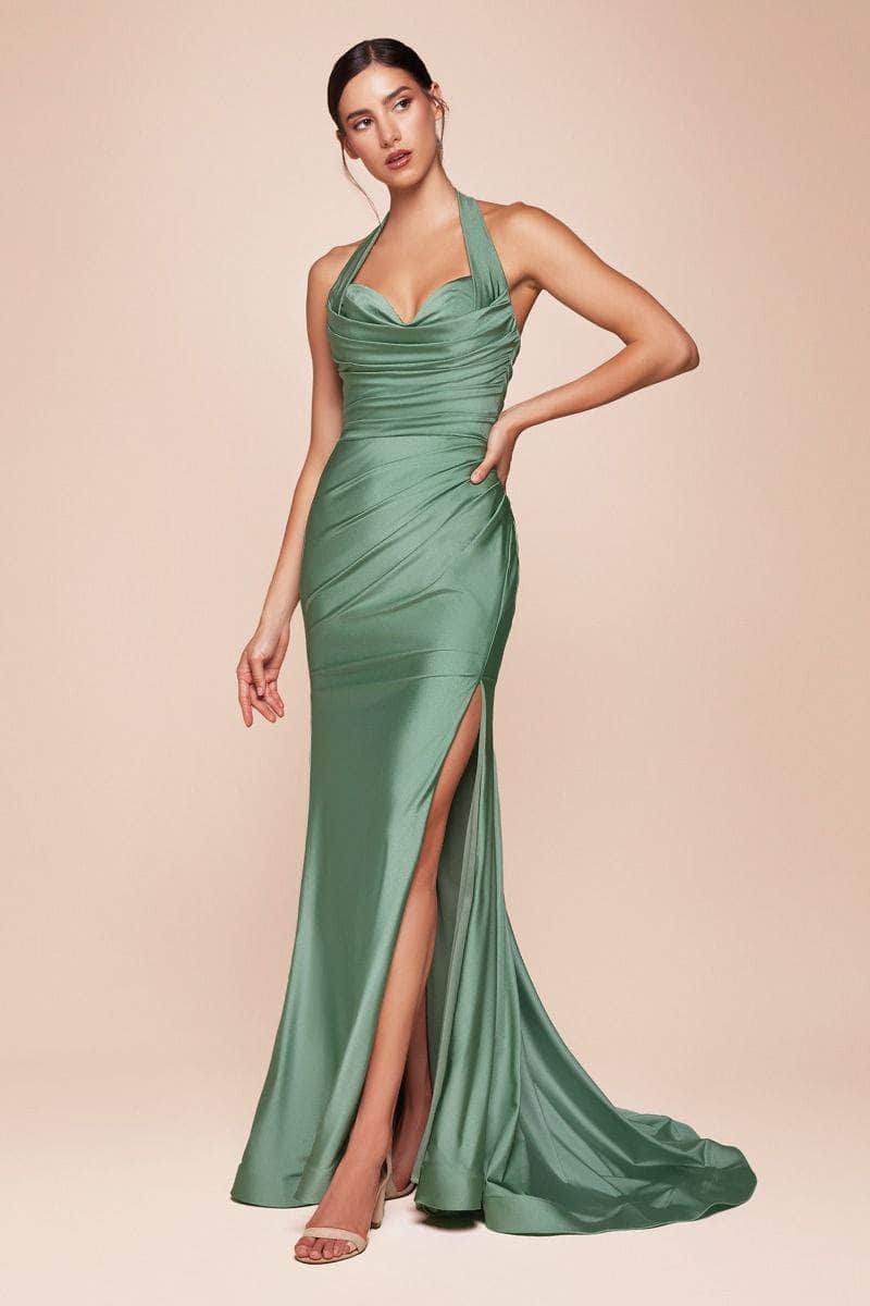 Ladivine CD796C - Ruched Halter Long Gown Bridesmaid Dresses 16 / Dark Sage