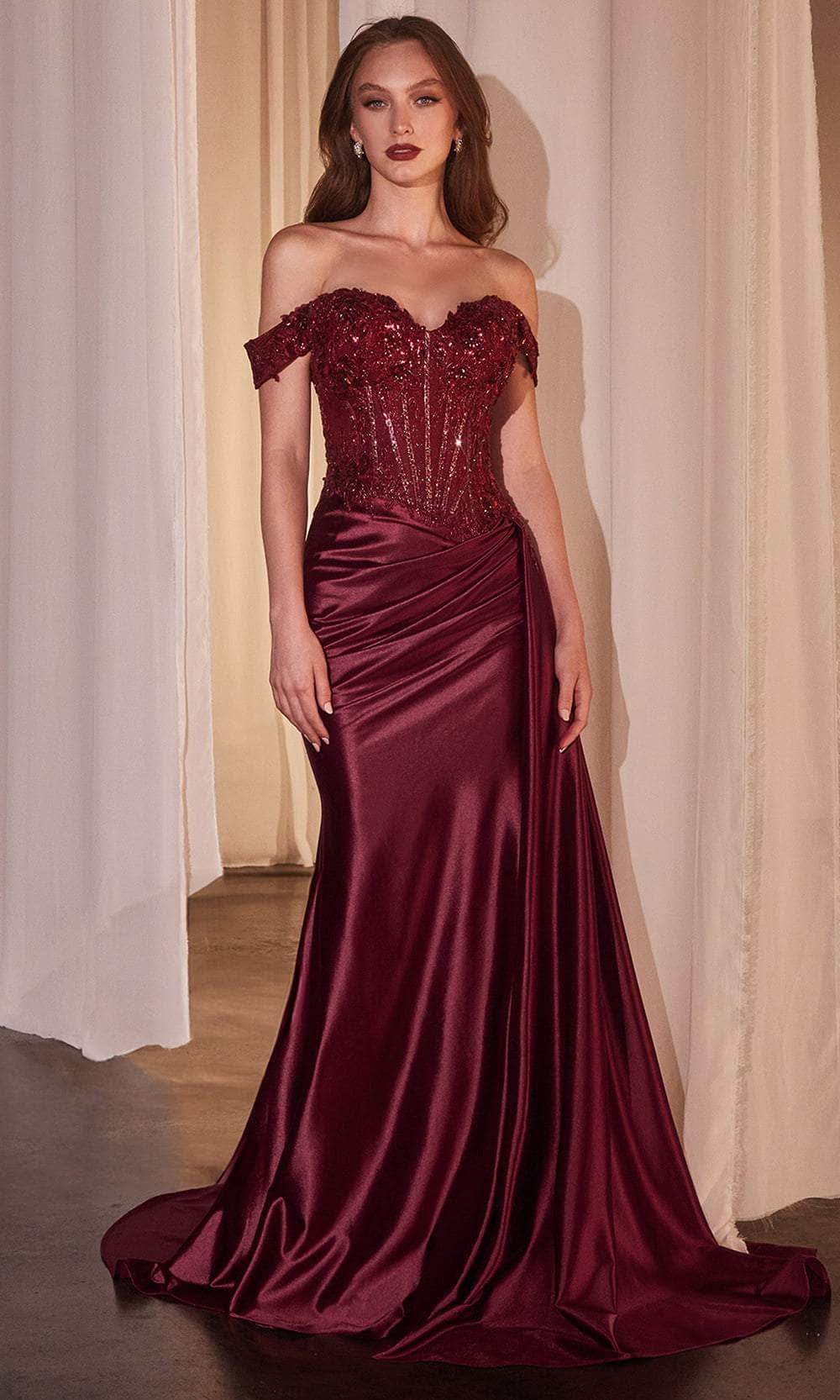 Cinderella Divine CD803 - Long Satin Sheath Dress - Off Shoulder, Corset Boning Bodice, Lace Appliqued, Sequin, Ruched, Side Sash, High Slit, Sweep Train, V-Back ADASA Cinderella Divine CD803 - Long Satin Sheath Dress - Off Shoulder, Corset Boning Bodice, Lace Appliqued, Sequin, Ruched, Side Sash, High Slit, Sweep Train, V-Back ADASA