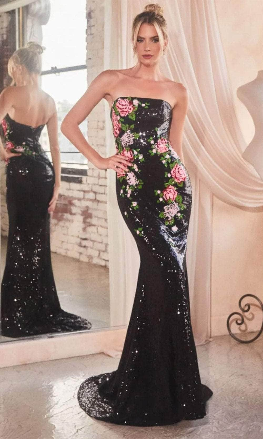 Cinderella Divine CD811 - Floral Embroidered Strapless Prom Gown Prom Dresses 2 / Black