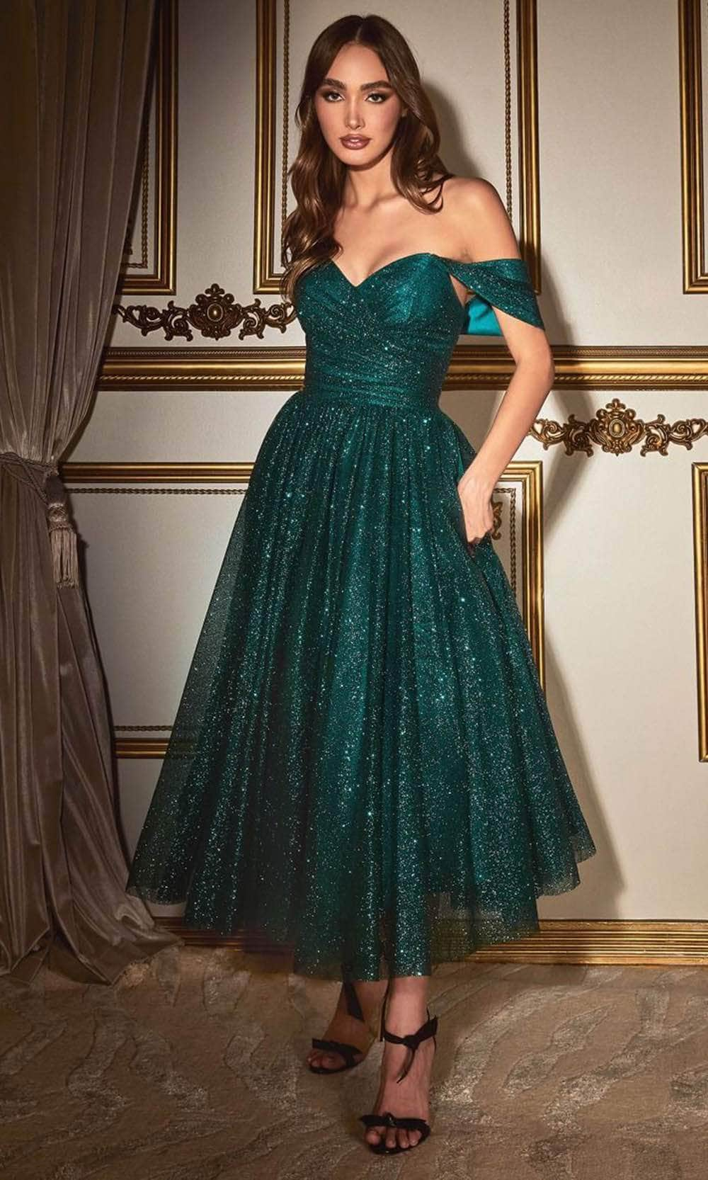 Cinderella Divine CD870 - Off-Shoulder Tea-Length Dress Cocktail Dresses 2 / Emerald