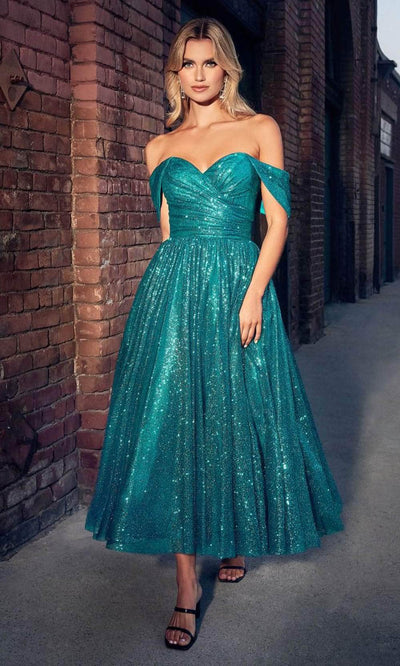 Cinderella Divine CD870 - Off-Shoulder Tea-Length Dress Cocktail Dresses 2 / Turq