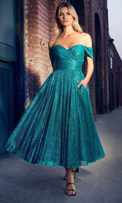 Cinderella Divine CD870 - Off-Shoulder Tea-Length Dress Cocktail Dresses