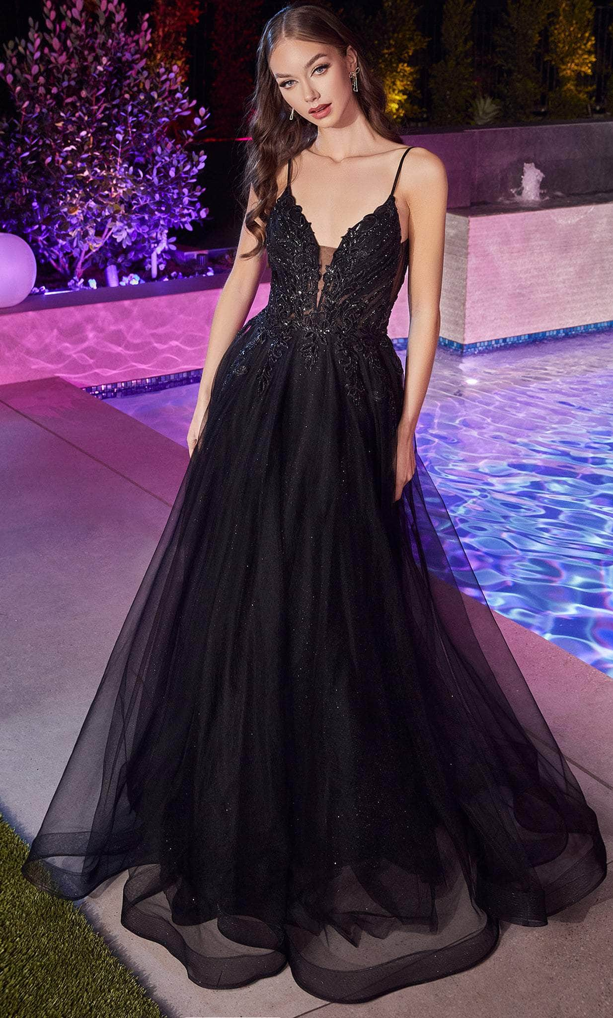 Cinderella Divine CD874 - Applique Tulle Prom Dress Evening Dresses 4 / Black