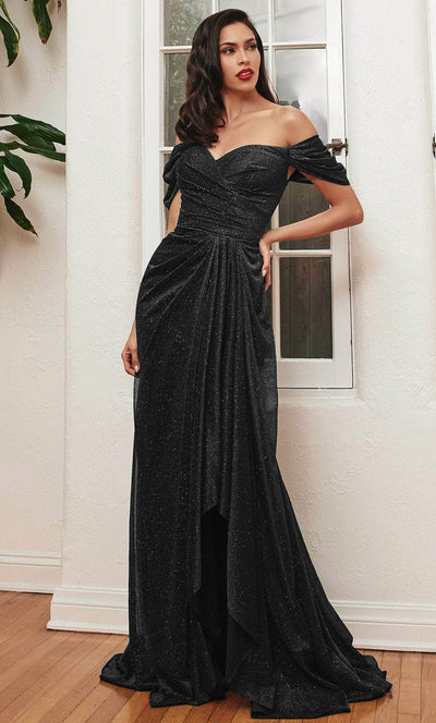 Cinderella Divine CD878 - Draped Off Shoulder Prom Dress Prom Dresses 4 / Black