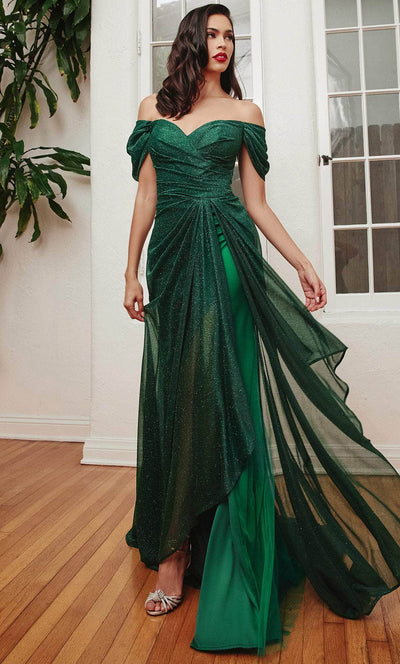 Cinderella Divine CD878 - Draped Off Shoulder Prom Dress Prom Dresses 4 / Emerald