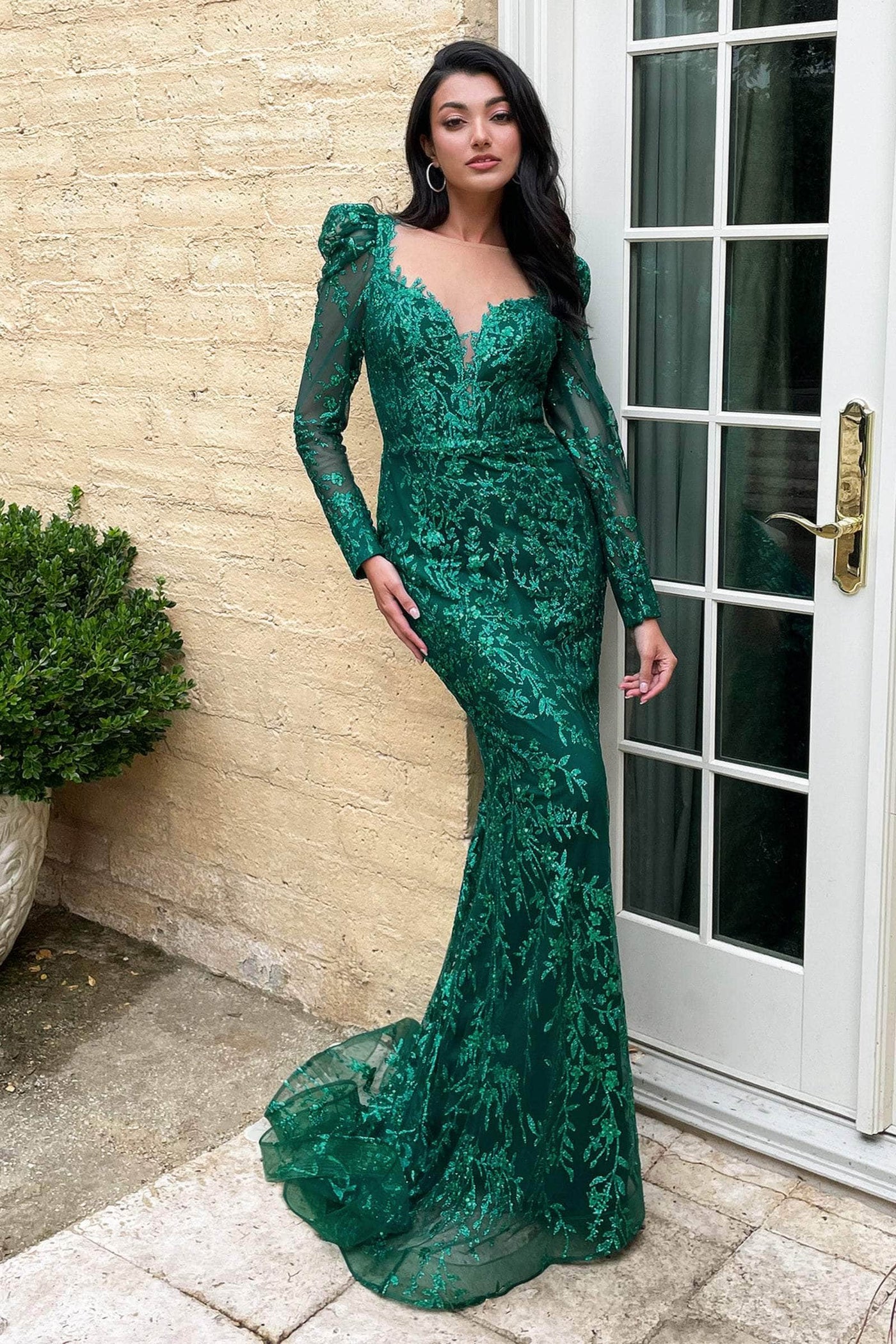 Cinderella Divine CD989 - Long Sleeve Glitter Evening Dress Prom Dresses 6 / Emerald-