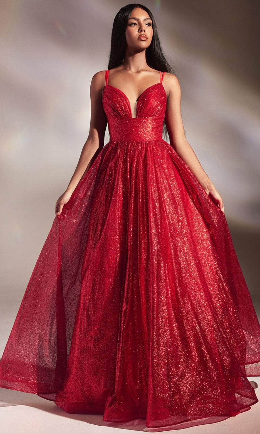 Ladivine CD996 - Dual Strap Glittered Evening Gown Ball Gowns 2 / Red