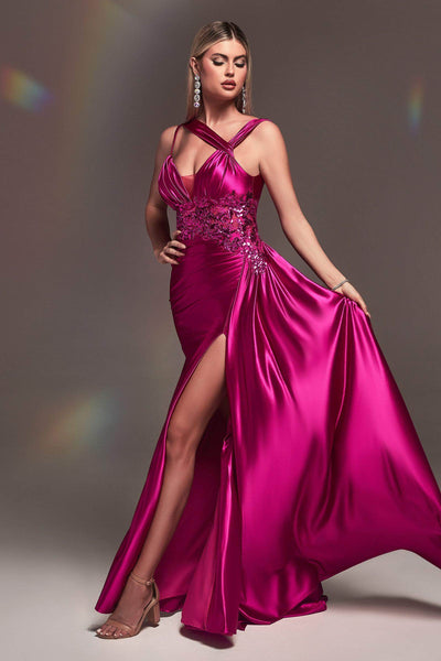 Cinderella Divine CDS415 - V-Neck Beaded Appliqued Evening Gown Evening Dresses 4 / Magenta