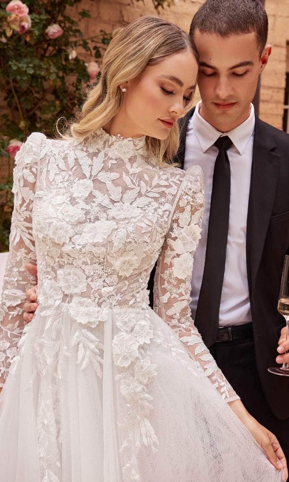 Cinderella Divine CDS433W - Long Sleeve Wedding Dress with Lace Embell ADASA Cinderella Divine CDS433W - Long Sleeve Wedding Dress with Lace Embell ADASA