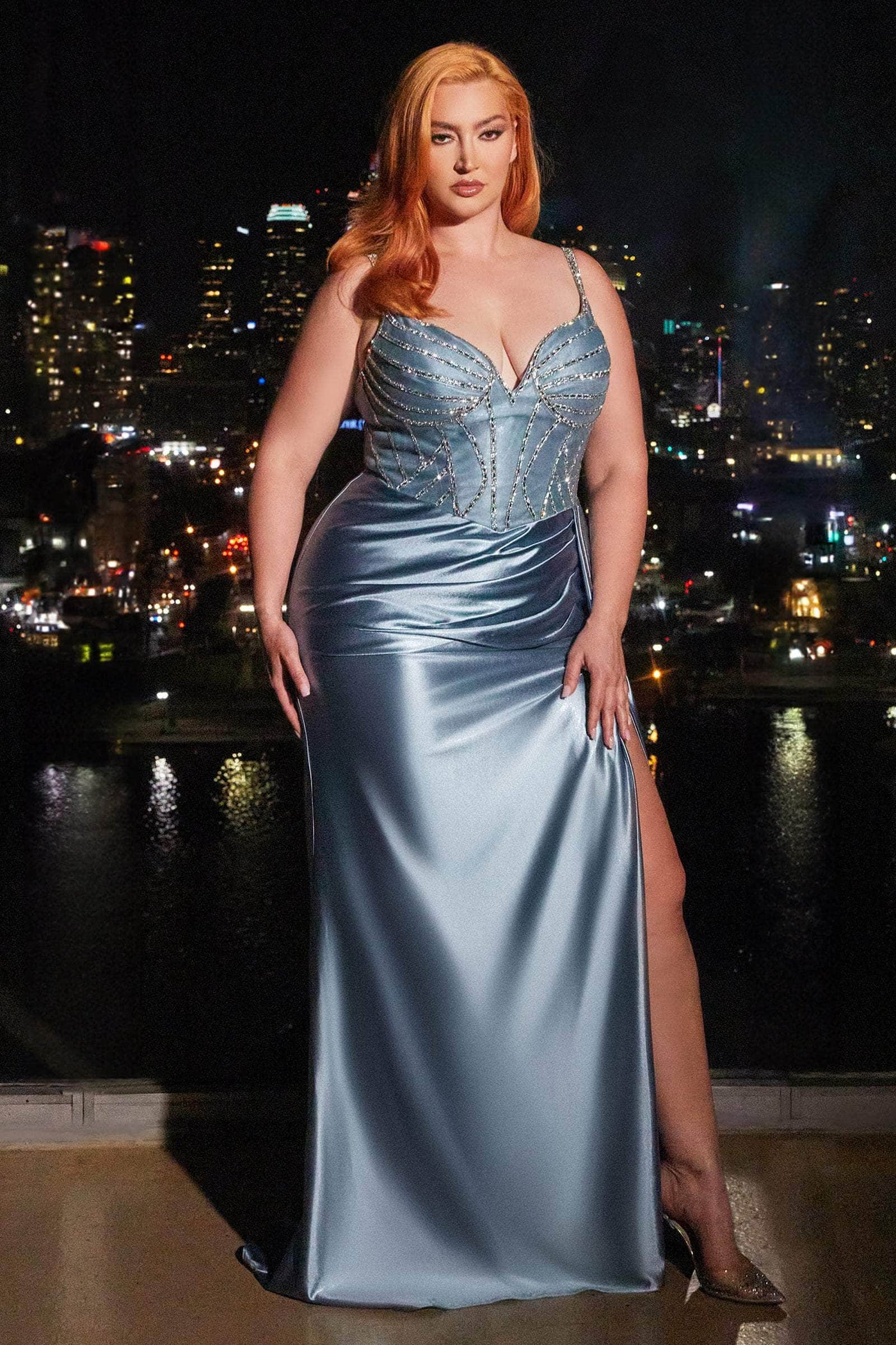 Cinderella Divine CDS440 - Beaded Corset Satin Sheath Prom Dresses