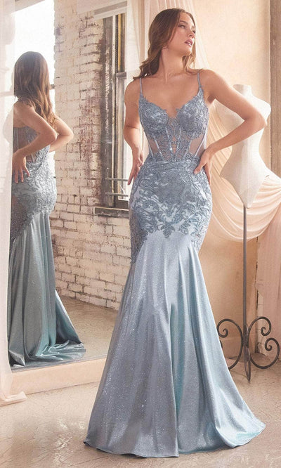 Cinderella Divine CDS470 - Beaded Appliqued Illusion Evening Gown Prom Dresses 2 / Dusty Blue