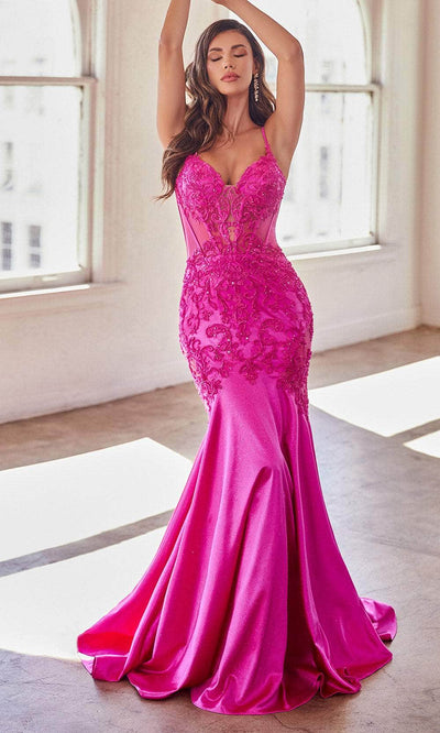 Cinderella Divine CDS470 - Beaded Appliqued Illusion Evening Gown Prom Dresses 2 / Fuchsia