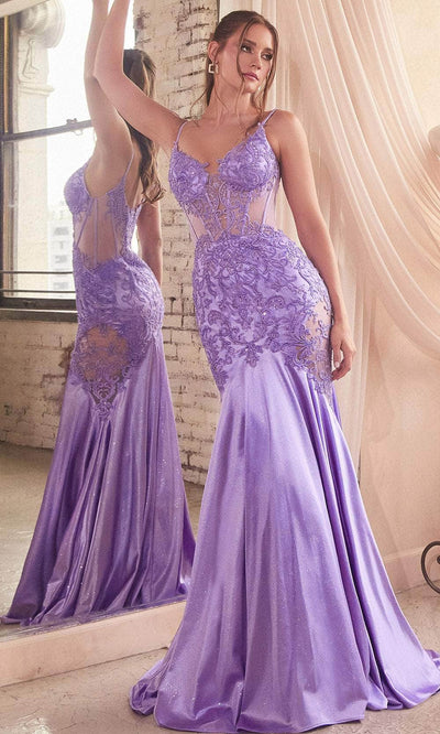 Cinderella Divine CDS470 - Beaded Appliqued Illusion Evening Gown Prom Dresses 2 / Lavender