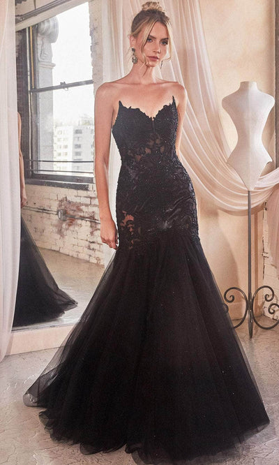 Cinderella Divine CDS482 - Strapless Embroidered Mermaid Prom Gown Pageant Dresses 2 / Black